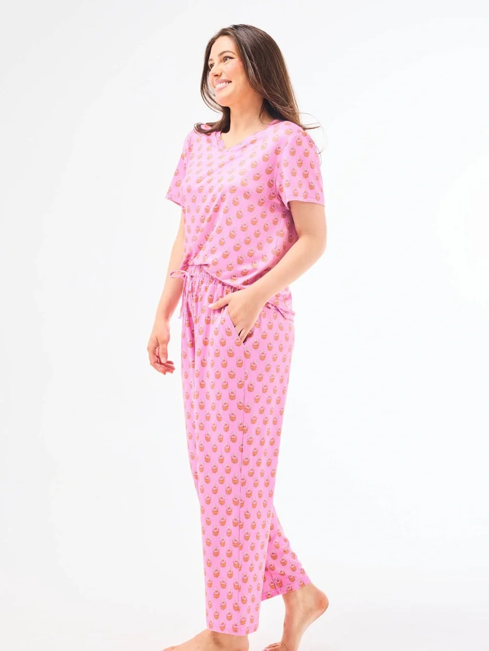Mary Square Floral Foulard Pink Alli Short Sleeve V-Neck/Straigt Leg Pants Set